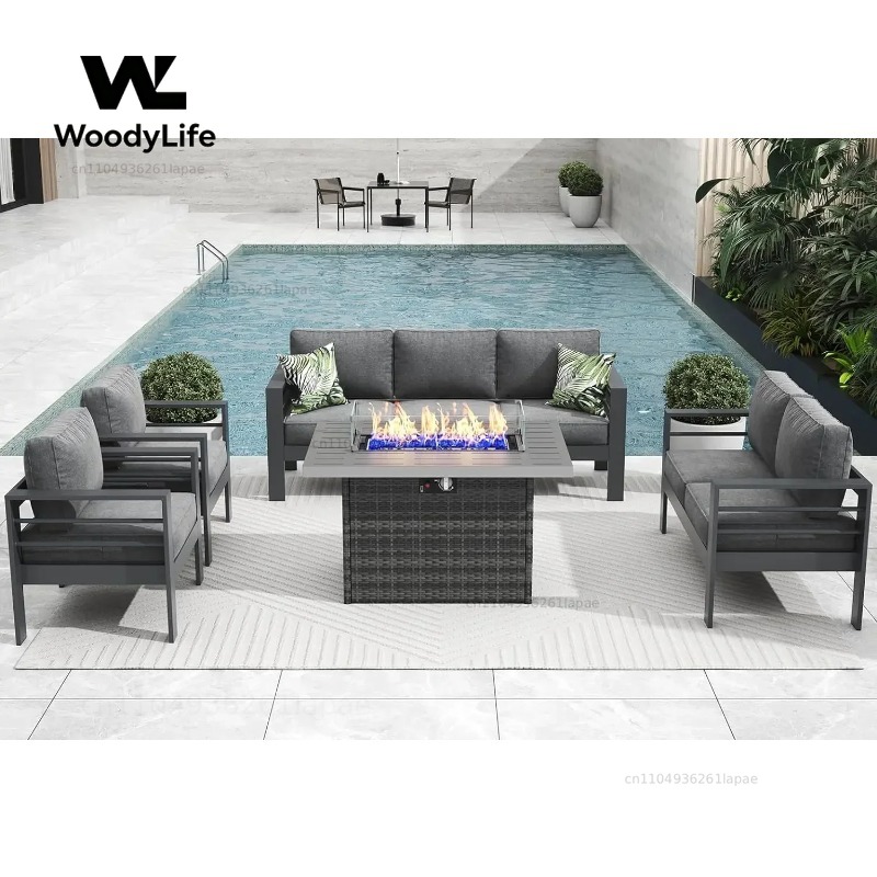 Outdoor Furniture Set With Fire Pit - L5 Pieces Modern Aluminum Patio Furniture