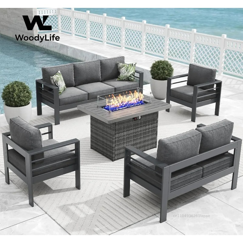 L5 Pieces Modern Aluminum Pati - Outdoor Furniture Set With Fire Pit ulasan dan harga