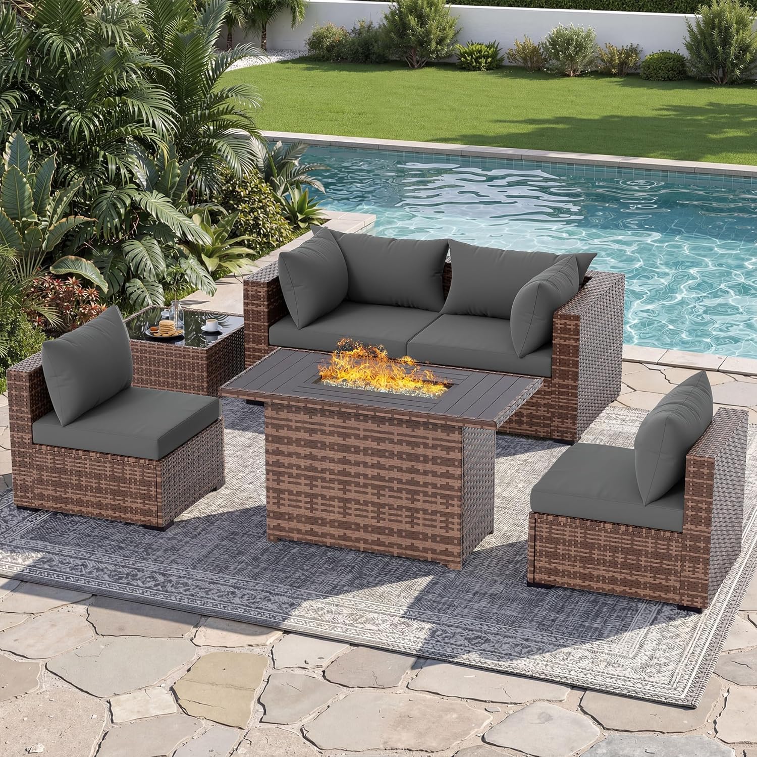 5-Piece Outdoor Sectional Sofa - Outdoor Furniture Set With Fire Pit ulasan dan harga