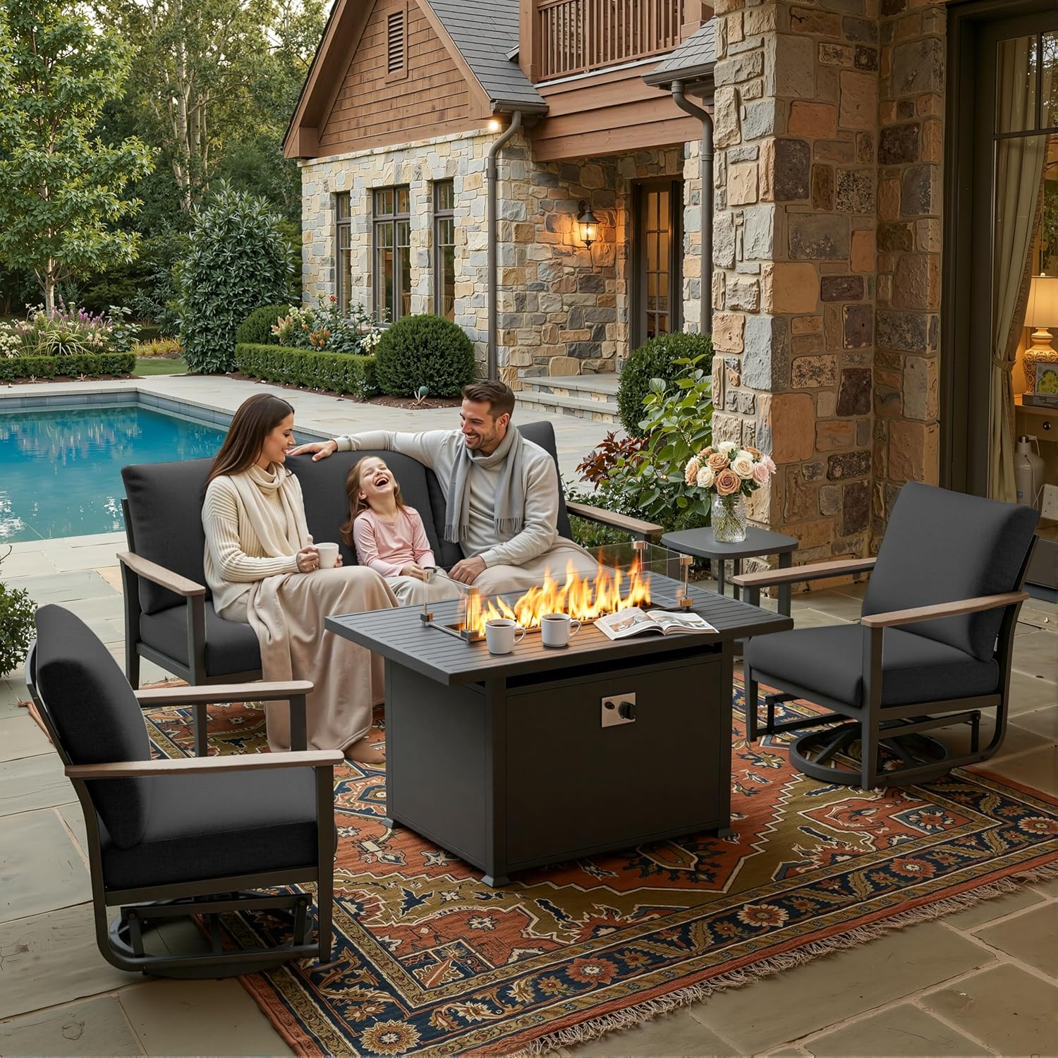 5pc Aluminum Patio Set Swivel  - Outdoor Furniture Set With Fire Pit ulasan dan harga